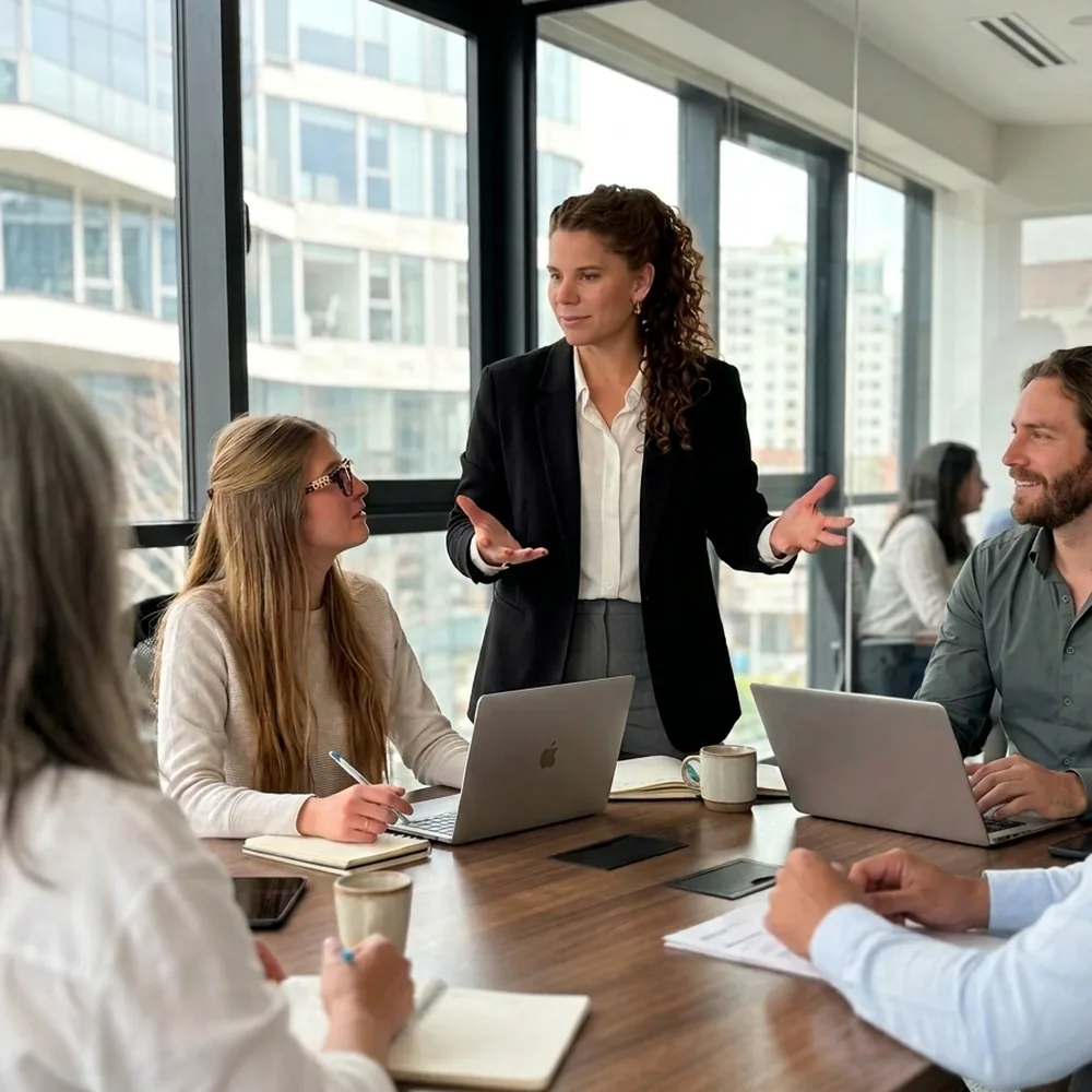 Equipo de trabajo reunido alrededor de una mesa